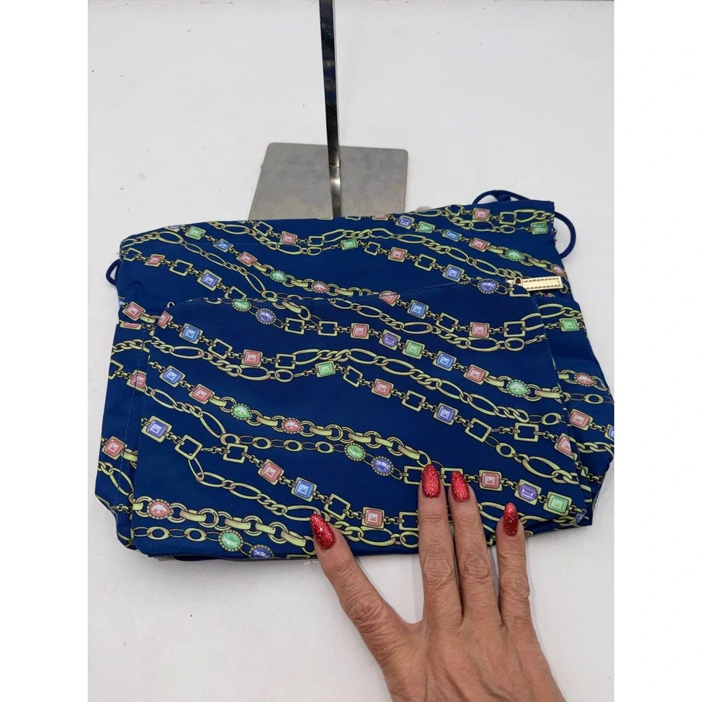 Blue Gemstone and Gold Chain Print Drawstring Pouch Bag with Zipper Pocket